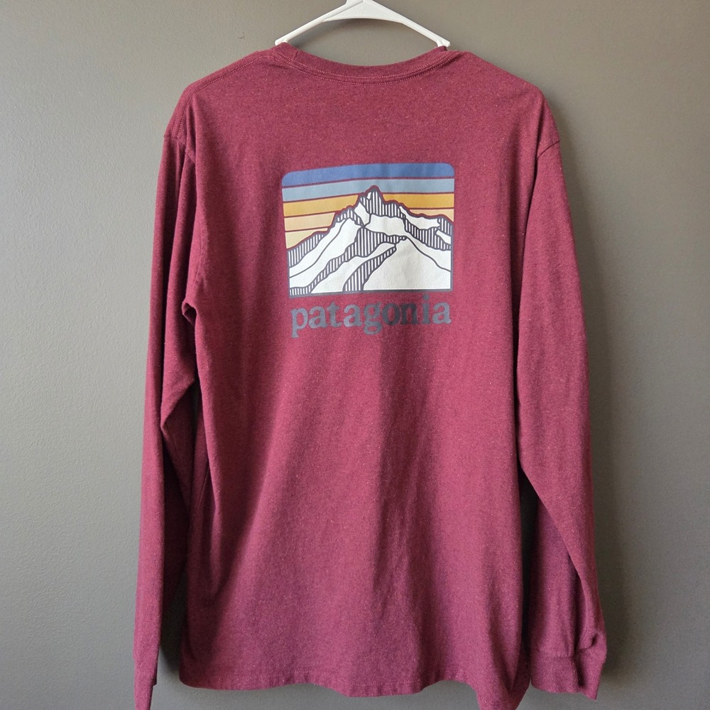 Patagonia Mens Responsibili-Tee Long Sleeve Shirt Burgundy Red Mountain Logo M - Picture 3 of 6